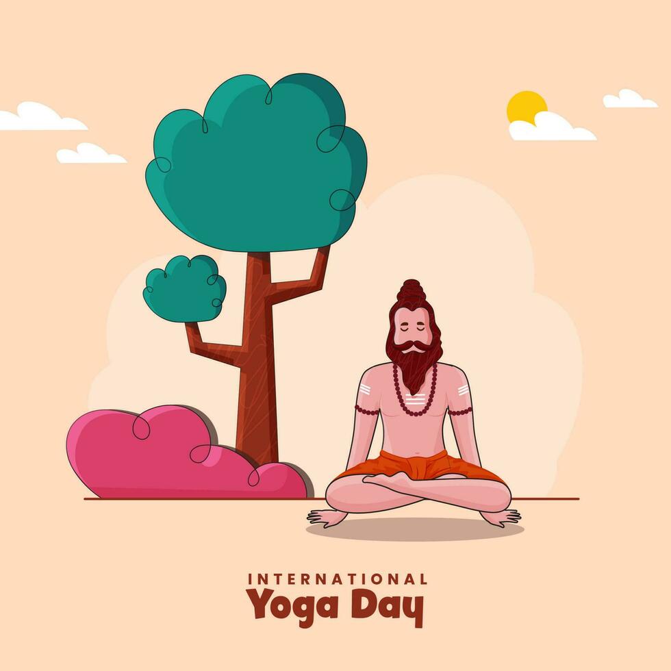 International Yoga Day Poster Design With Sage Sadhu Meditating Under A Tree On Peach Background. vector