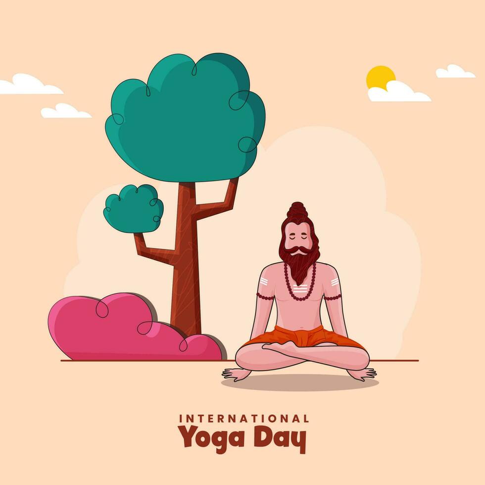 internacional yoga día póster diseño con sabio sadhu meditando debajo un árbol en melocotón antecedentes. vector