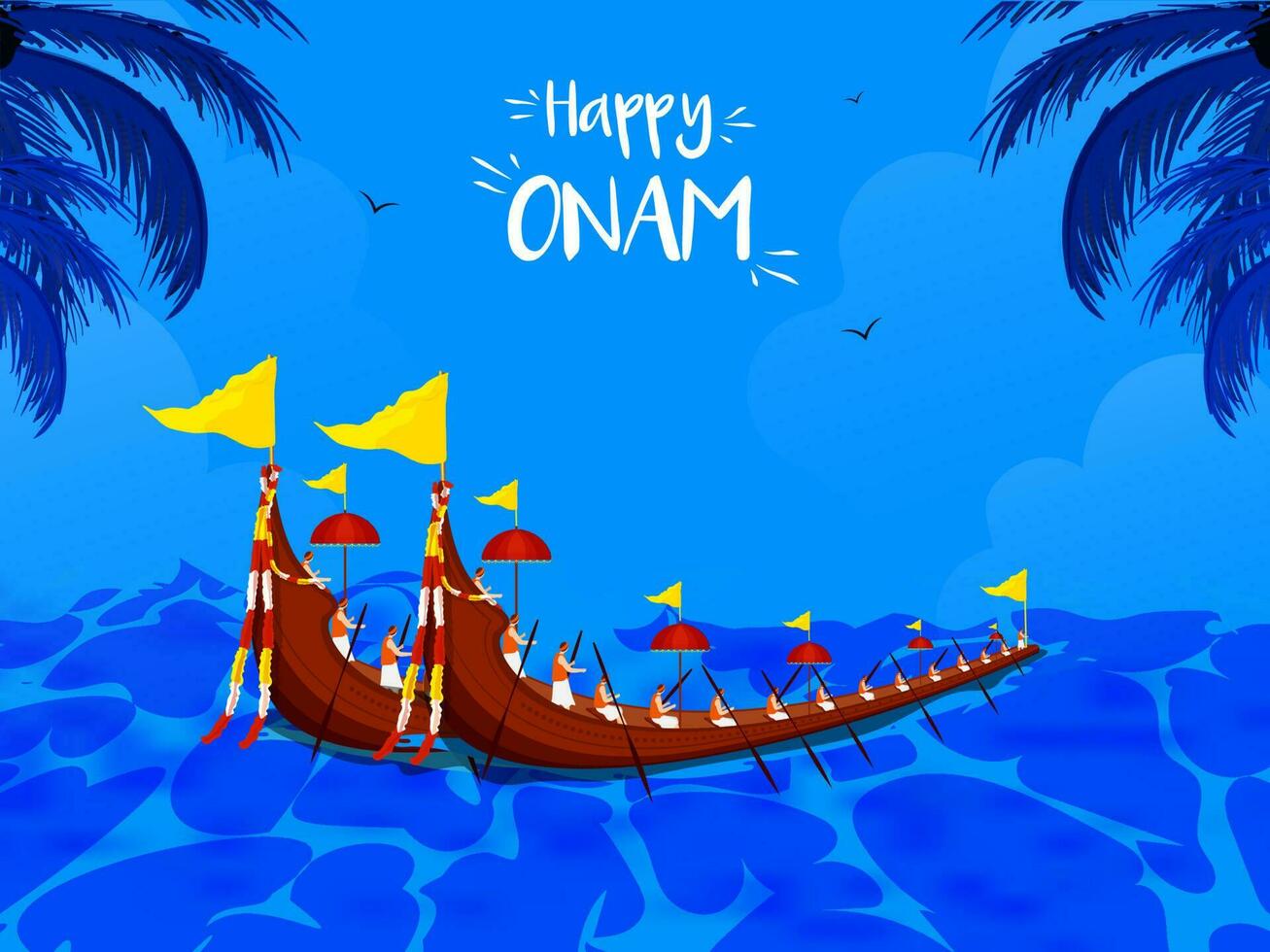 Happy Onam Celebration Concept With Aranmula Boat Race On Blue Background. vector