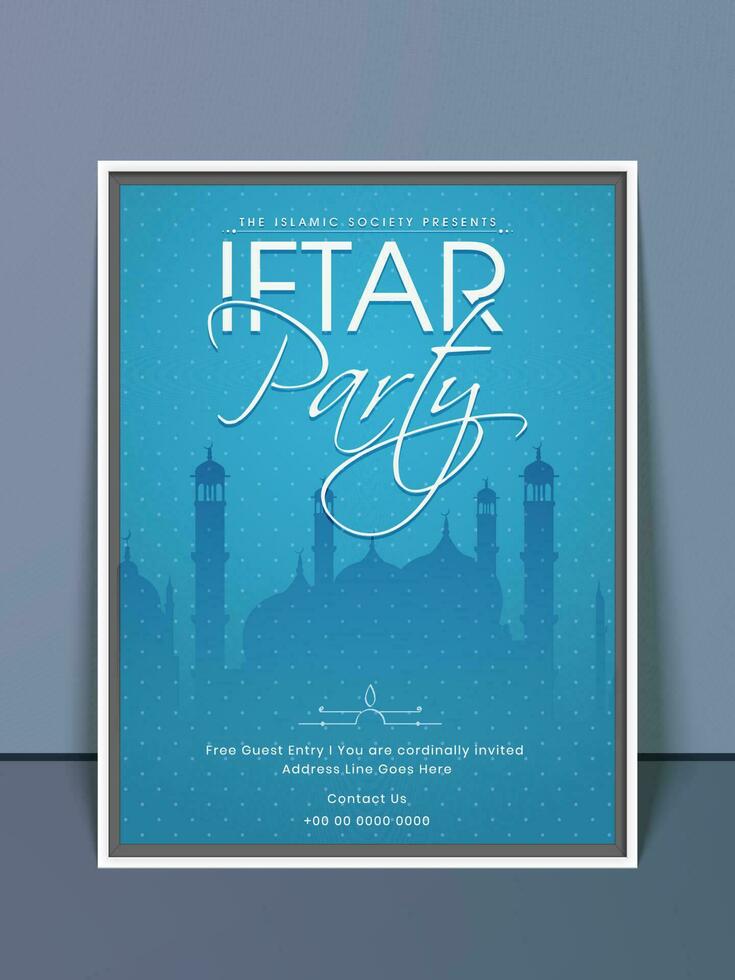 iftar fiesta invitación tarjeta con silueta mezquita en azul antecedentes. vector