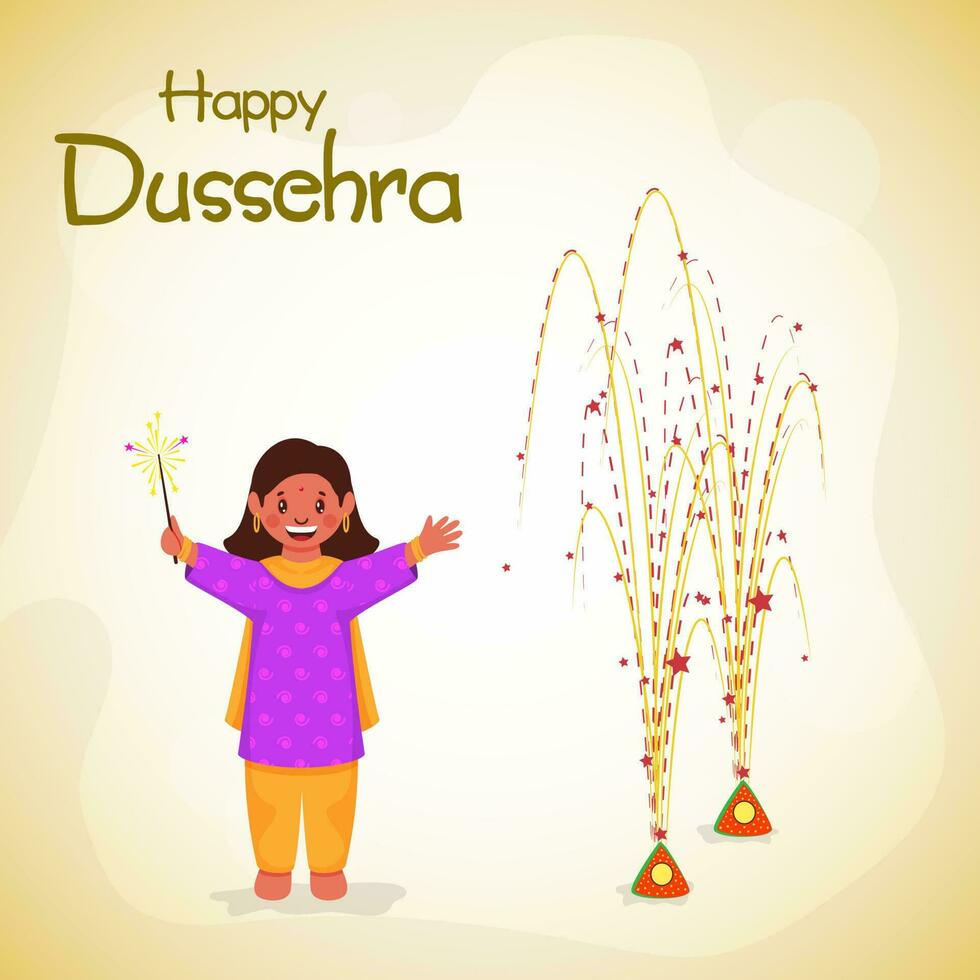 Happy Dussehra Poster Design With Cheerful Indian Girl Holding Firework Stick, Exploding Anar On Yellow And White Background. vector