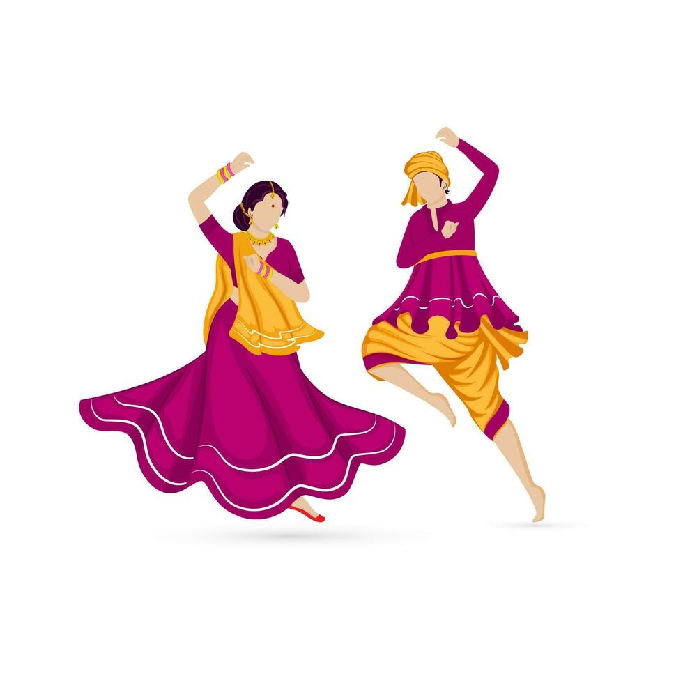 sin rostro indio Pareja jugando dandiya en tradicional atuendo en blanco antecedentes. vector