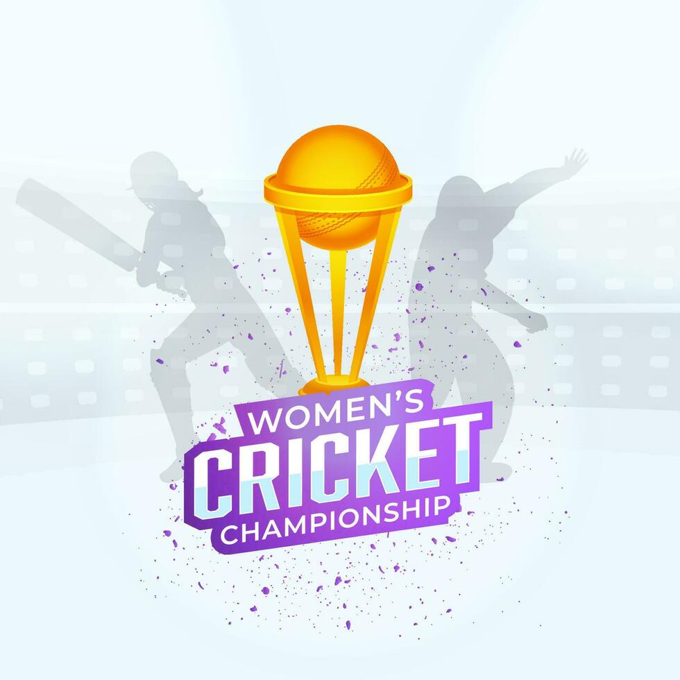 Sticker Style Women's Cricket Championship Font With 3D Winning Trophy Cup And Silhouette Cricketer Players On White And Blue Background. vector