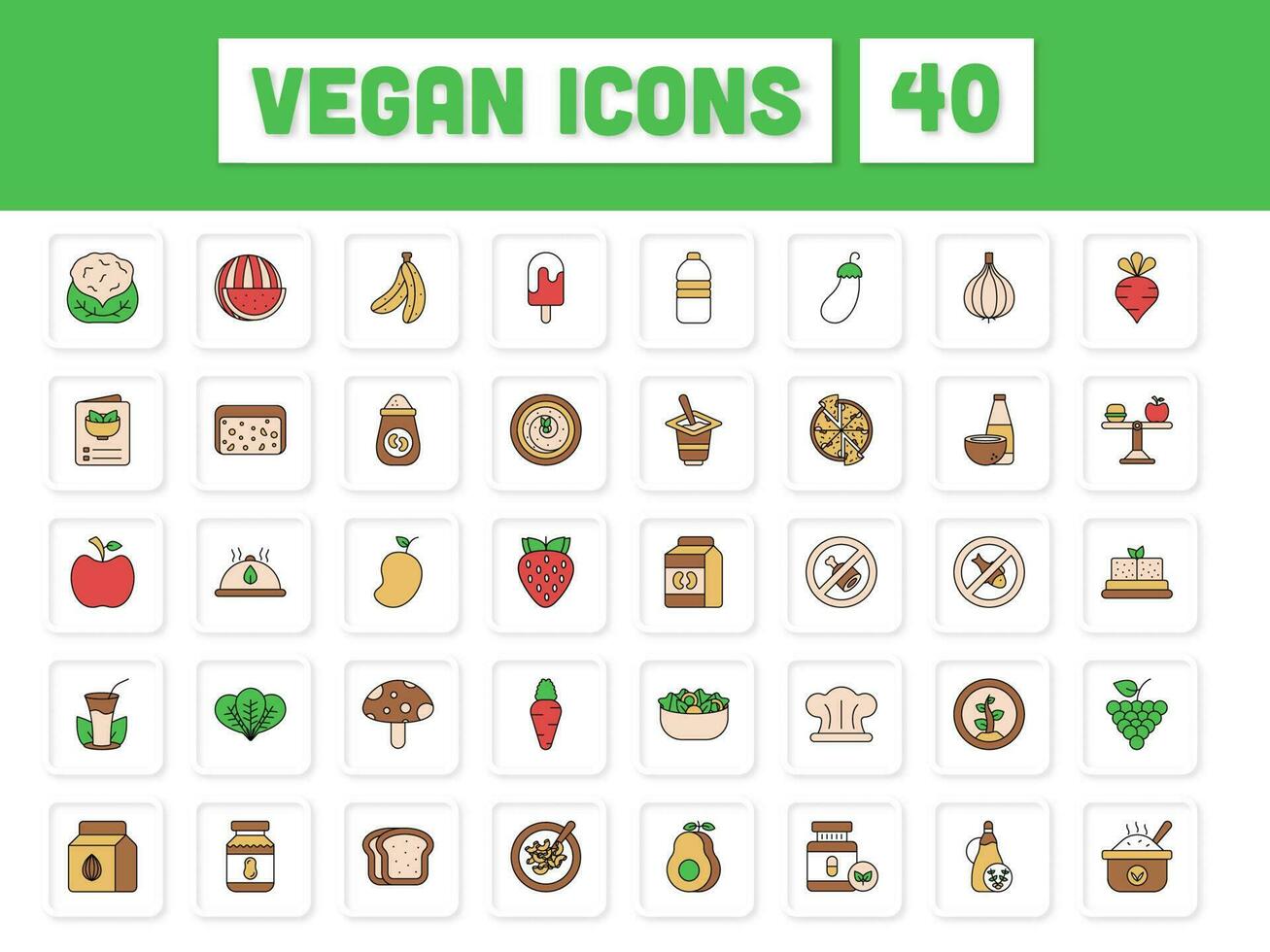 Colorful Set Of Vegan Flat Icon On Square Background. vector