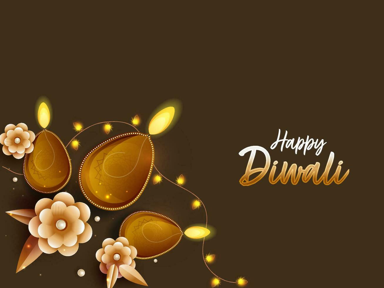Indian Light Festival, Happy Diwali with Illuminated Oil Lit Lamps, Paper Flowers and Decorating Lights on Brown Background with Space for Your Message. vector