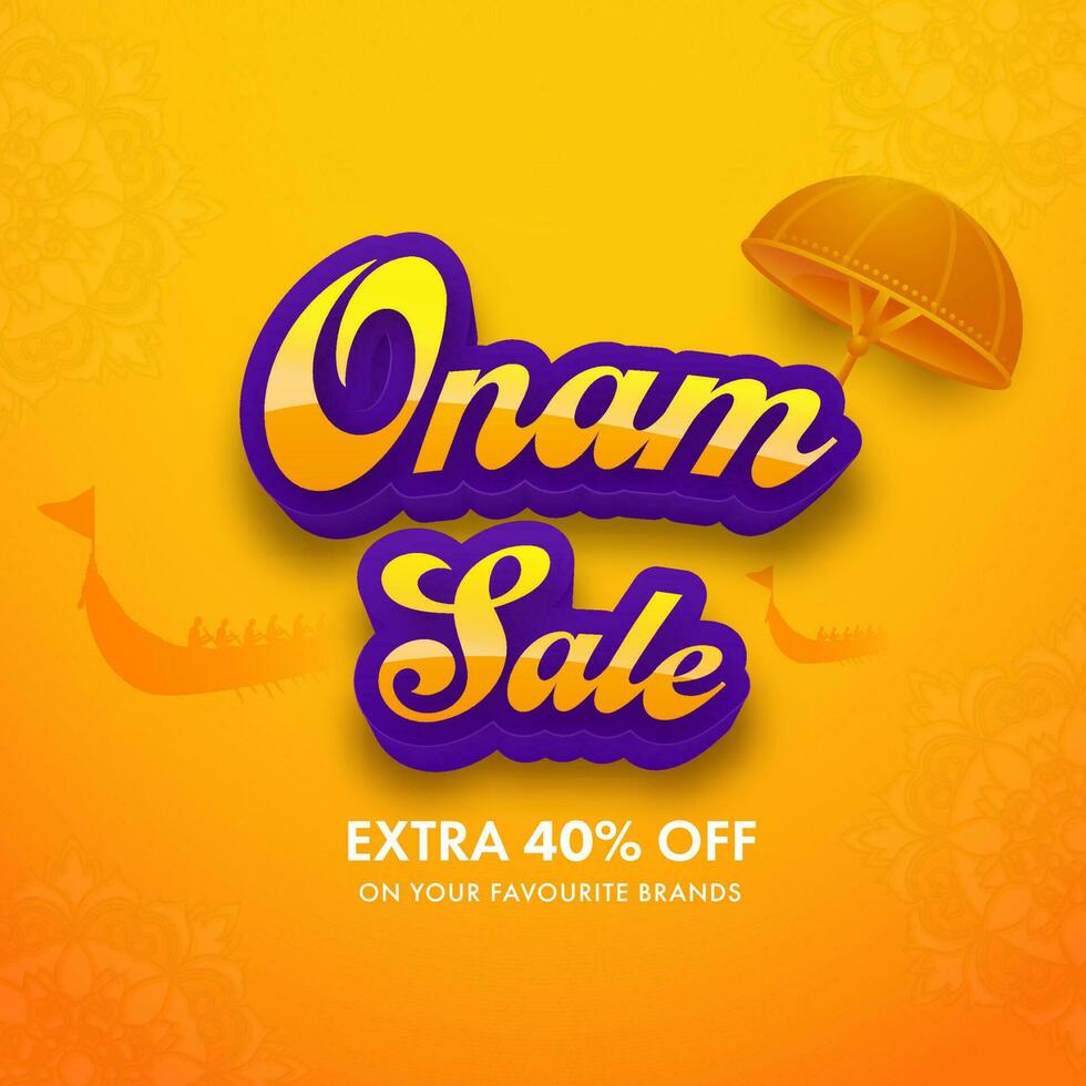 Onam Sale Poster Design With Discount Offer And Olakkuda On Orange Silhouette Aranmula Boat Race Background. vector