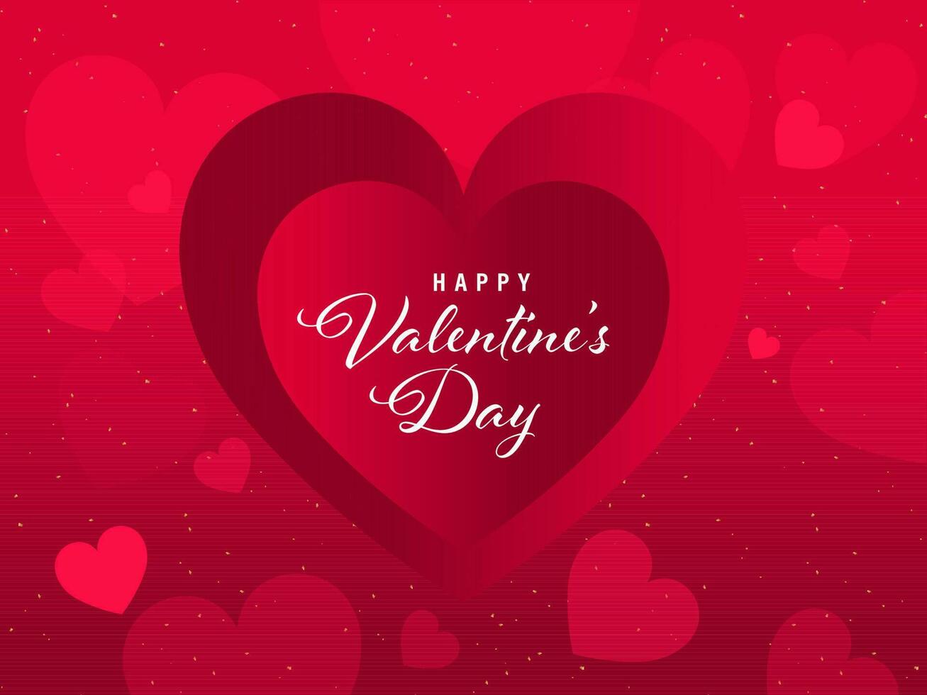 Happy Valentine's Day Concept With Hearts And Golden Tiny Confetti Decorated On Red Background. vector