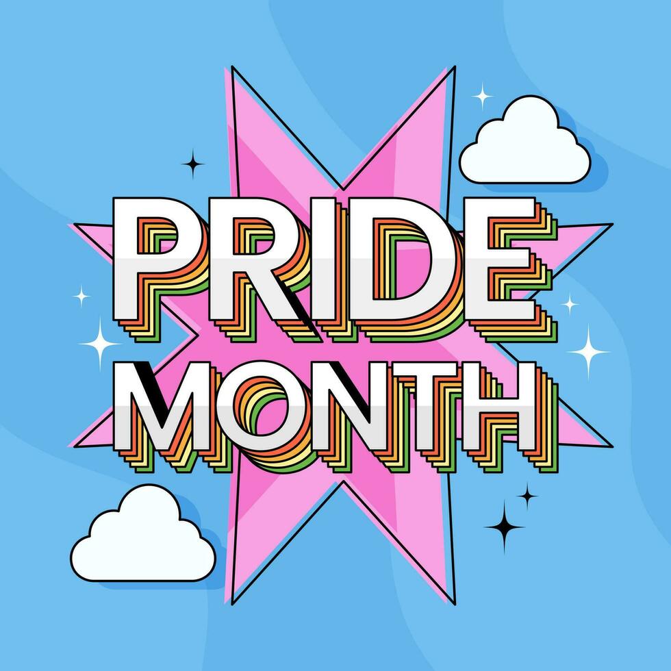Colorful Layer Style Pride Month Text With Clouds And Pink Star Shape On Blue Background. vector