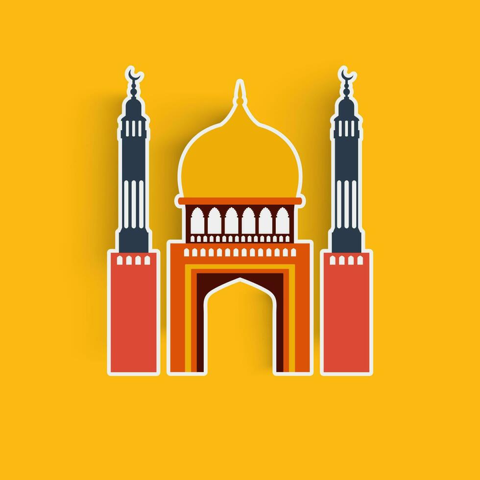 Muslim Community Festival Concept With Sticker Style Mosque Illustration Against Orange Background. vector