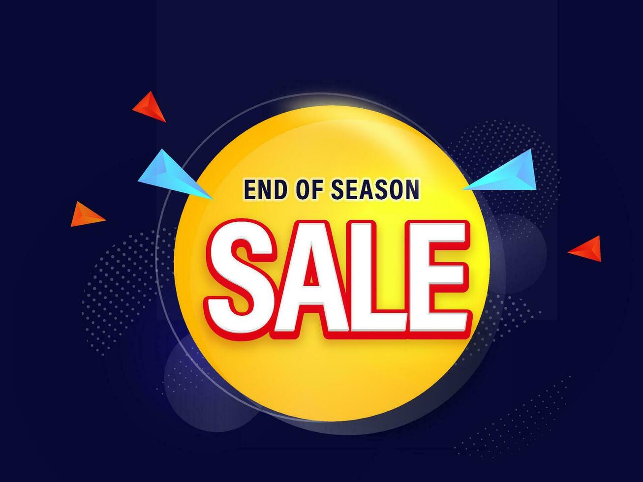 End Of Season, Sale Poster Design With 3D Triangle Elements On Glossy Yellow And Dark Blue Background. vector
