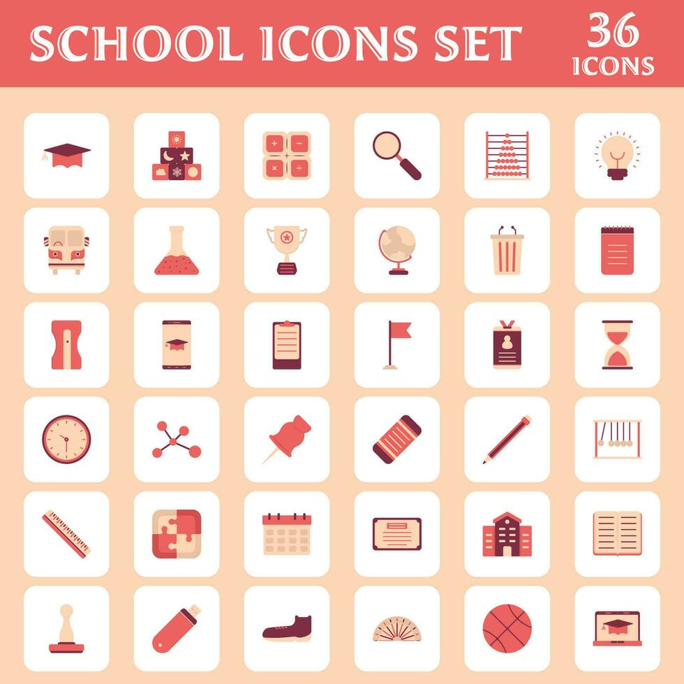 Flat Style 36 School Icon Set On Peach And White Square Background. vector