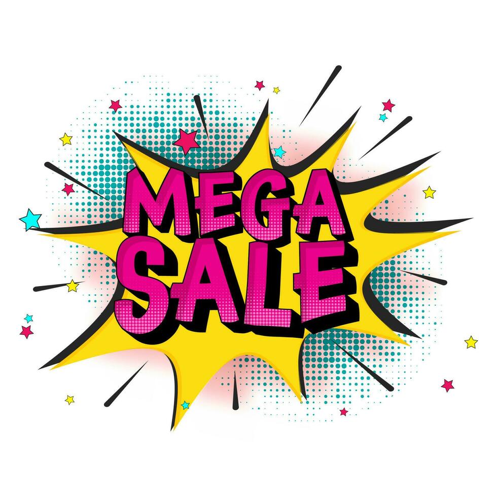 Mega Sale Font Over Comic Starburst With Halftone Effect On White Background. vector
