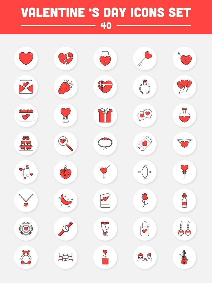 Valentine's Day Red And White Icon Set On Circle Background. vector