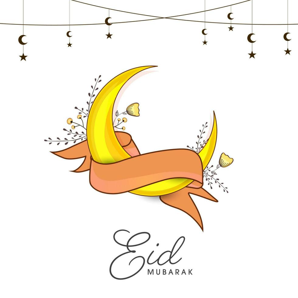 Eid Mubarak Greeting Card With Crescent Moon, Wavy Ribbon, Floral, Star Decorated On White Background. vector