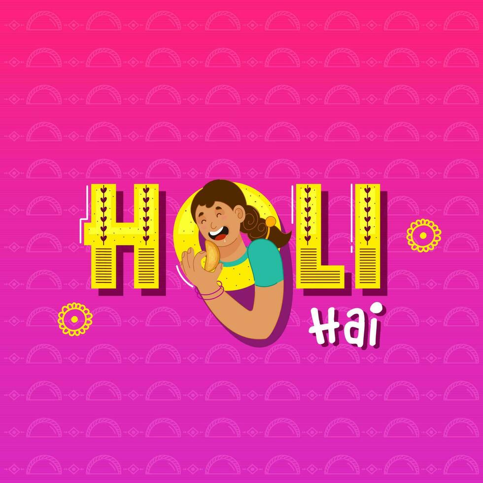 It's Holi Text With Cheerful Girl Eating Gujia On Gradient Pink And Magenta Background. vector