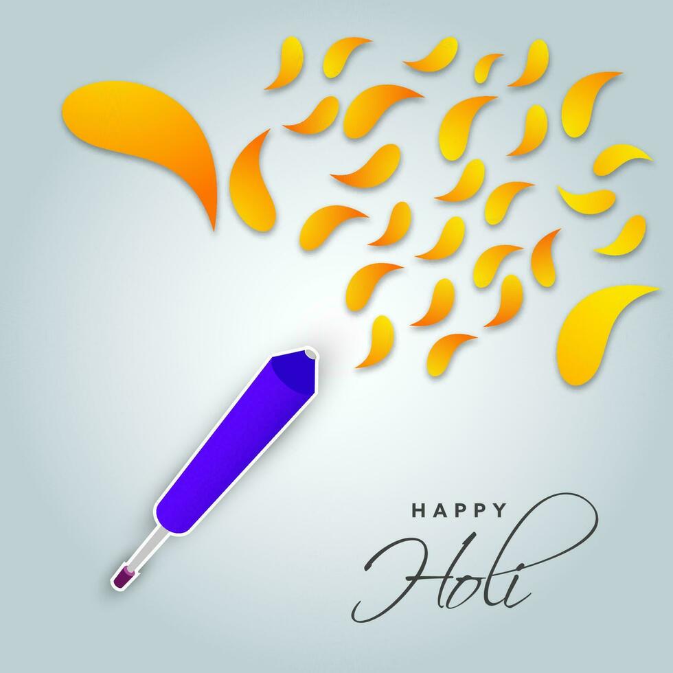 Happy Holi Celebration Concept With Paper Cut Water Gun And Falling Arc Drops On Light Blue Background. vector
