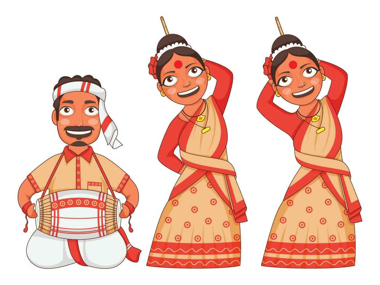 Assam Women Dancing And Man Play Dhol In Traditional Attire. vector