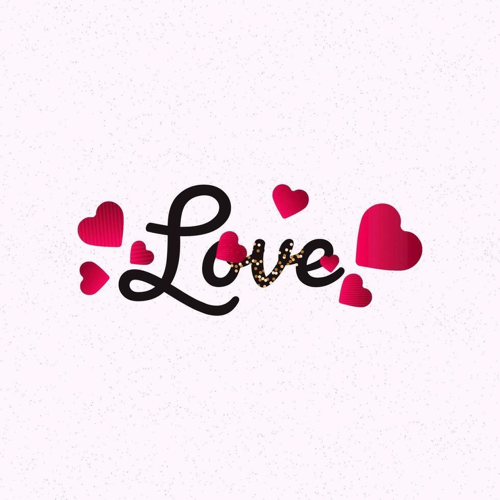Black Love Font With Golden Glitter Effect And Red Hearts On Pink Background. vector