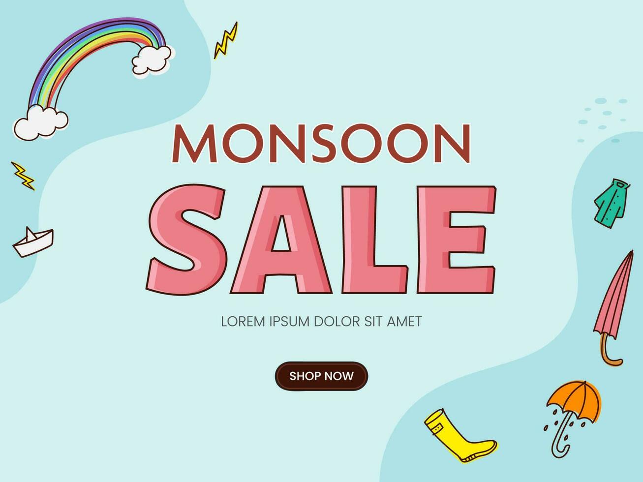 Monsoon Sale Poster Design With Doodle Umbrella, Boot, Raincoat, Rainbow, Paper Boat, Lightning Bolt On Blue Background. vector