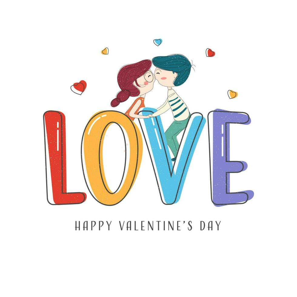 Colorful Love Font With Couple Of Kids Kissing Each Other On White Background For Happy Valentine's Day Concept. vector