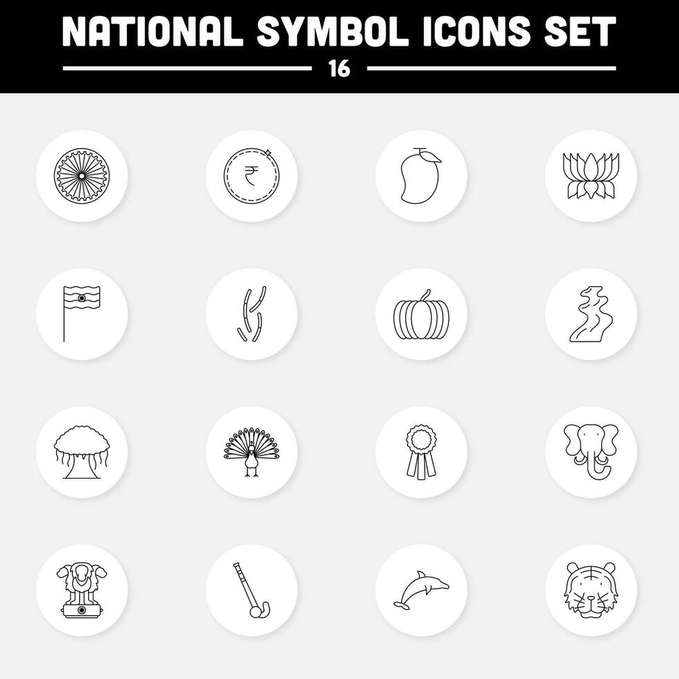 16 Indian National Symbol Or Circle Icon Set In Black Linear Style. vector