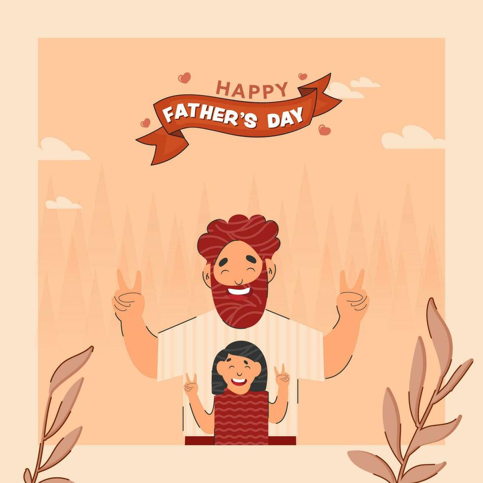 contento del padre día concepto con alegre barba hombre y su hija dando paz firmar en melocotón antecedentes. vector