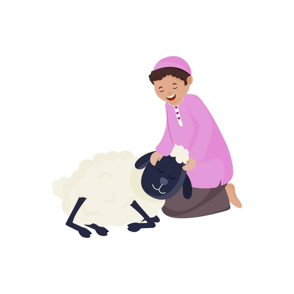 Islamic Young Boy Holding Cartoon Sheep In Sitting Pose. vector