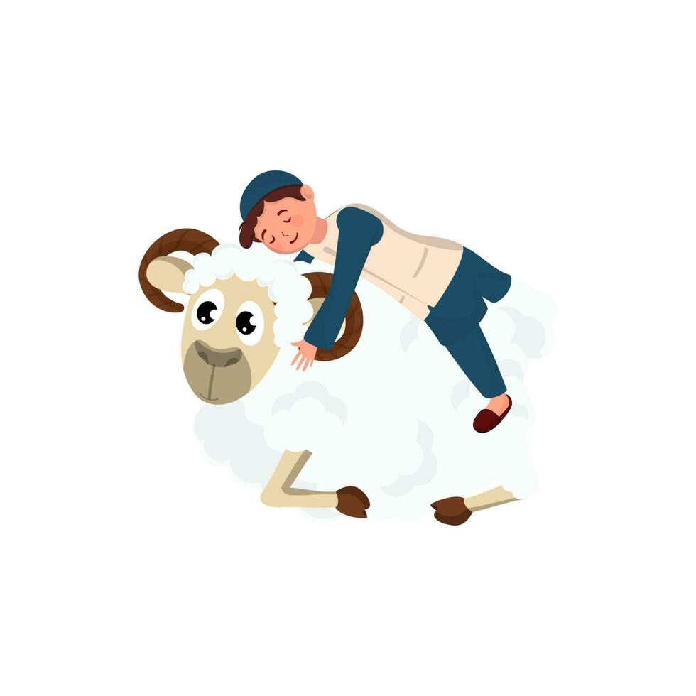 Illustration Of Arabian Young Boy Hugging Sheep On White Background. vector