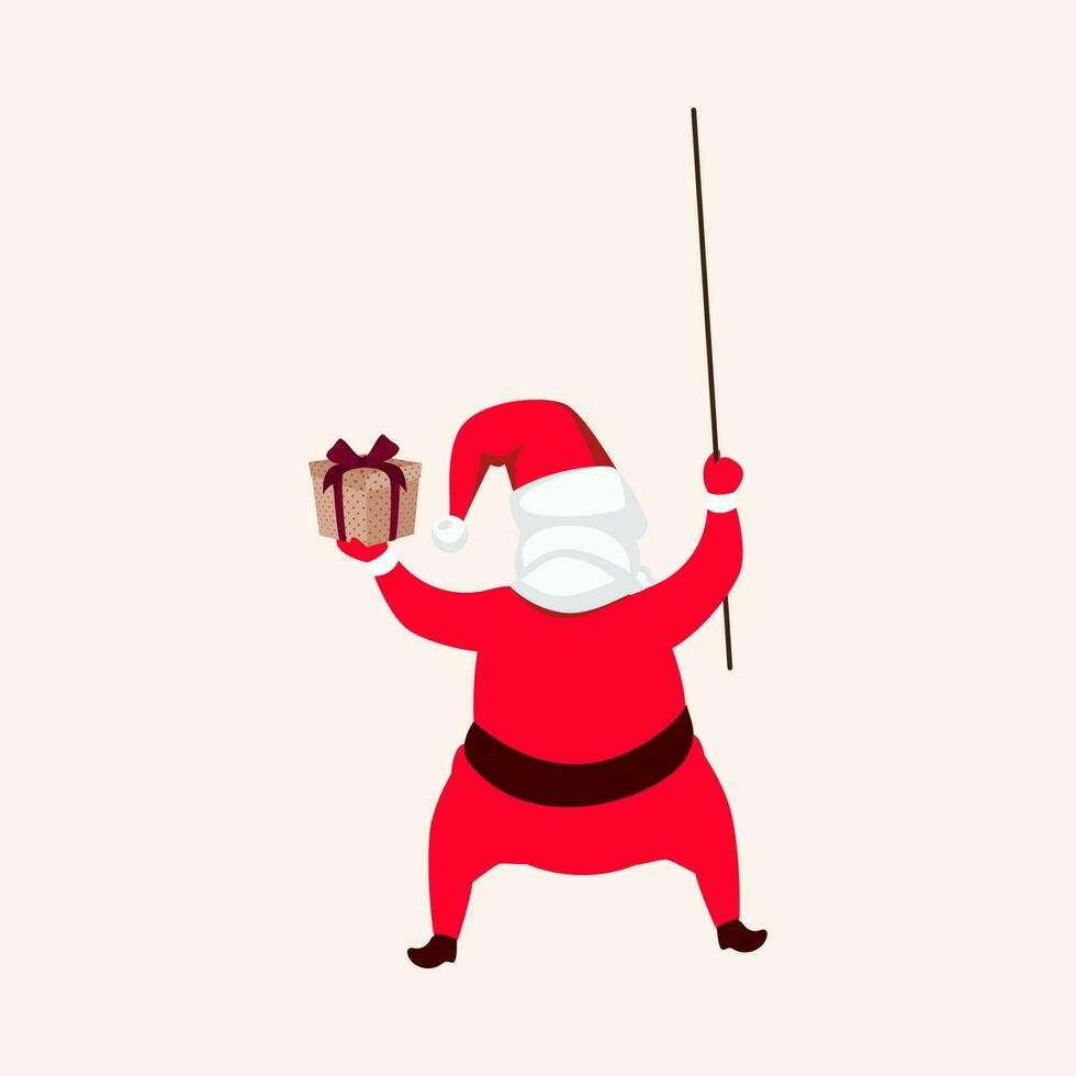 Back View Of Santa Claus Holding Gift Box With Stick On Pink Background. vector