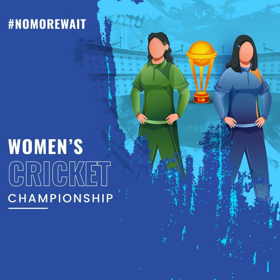Women's Cricket Championship Concept With Participating Countries Players And Winning Trophy Cup On Blue Brush Stroke Grunge Background. vector