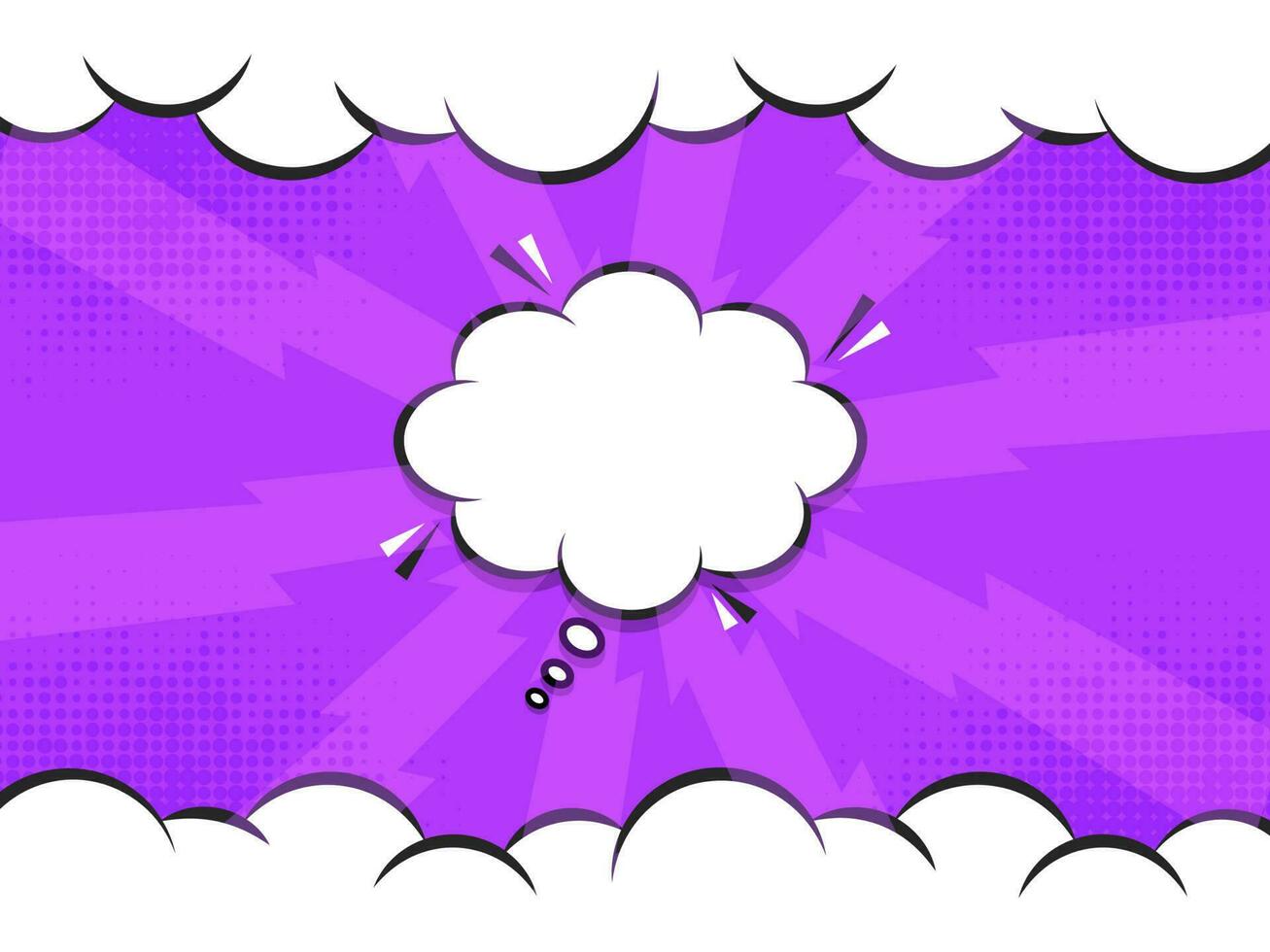 Purple Lightning Bolts Rays Background With Halftone Effect, Clouds And Copy Space. vector