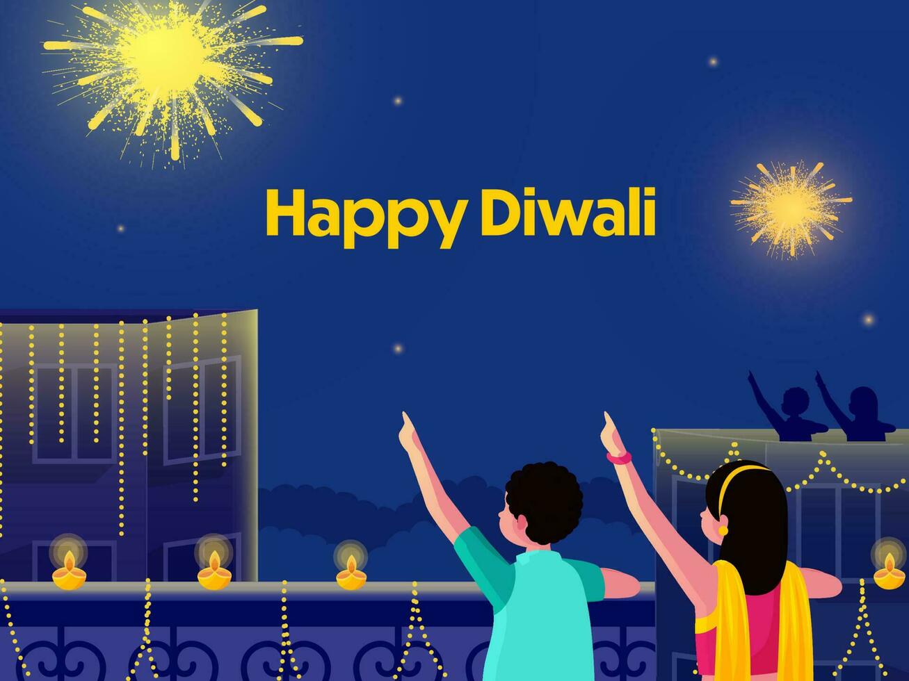 Happy Diwali Celebration Background With Kids Looking Fireworks At Balcony. vector