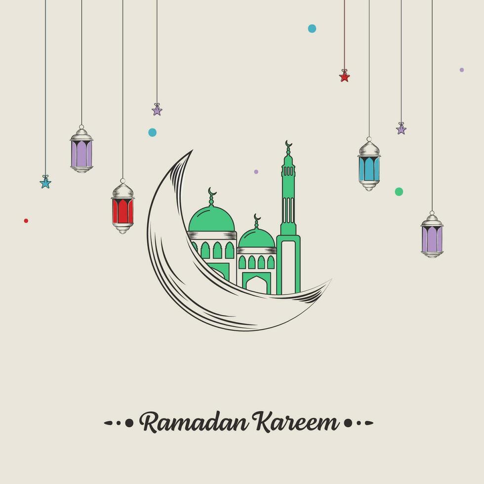 Doodle Style Crescent Moon With Mosque, Hanging Stars And Lanterns Decorated On Gray Background For Ramadan Kareem Concept. vector