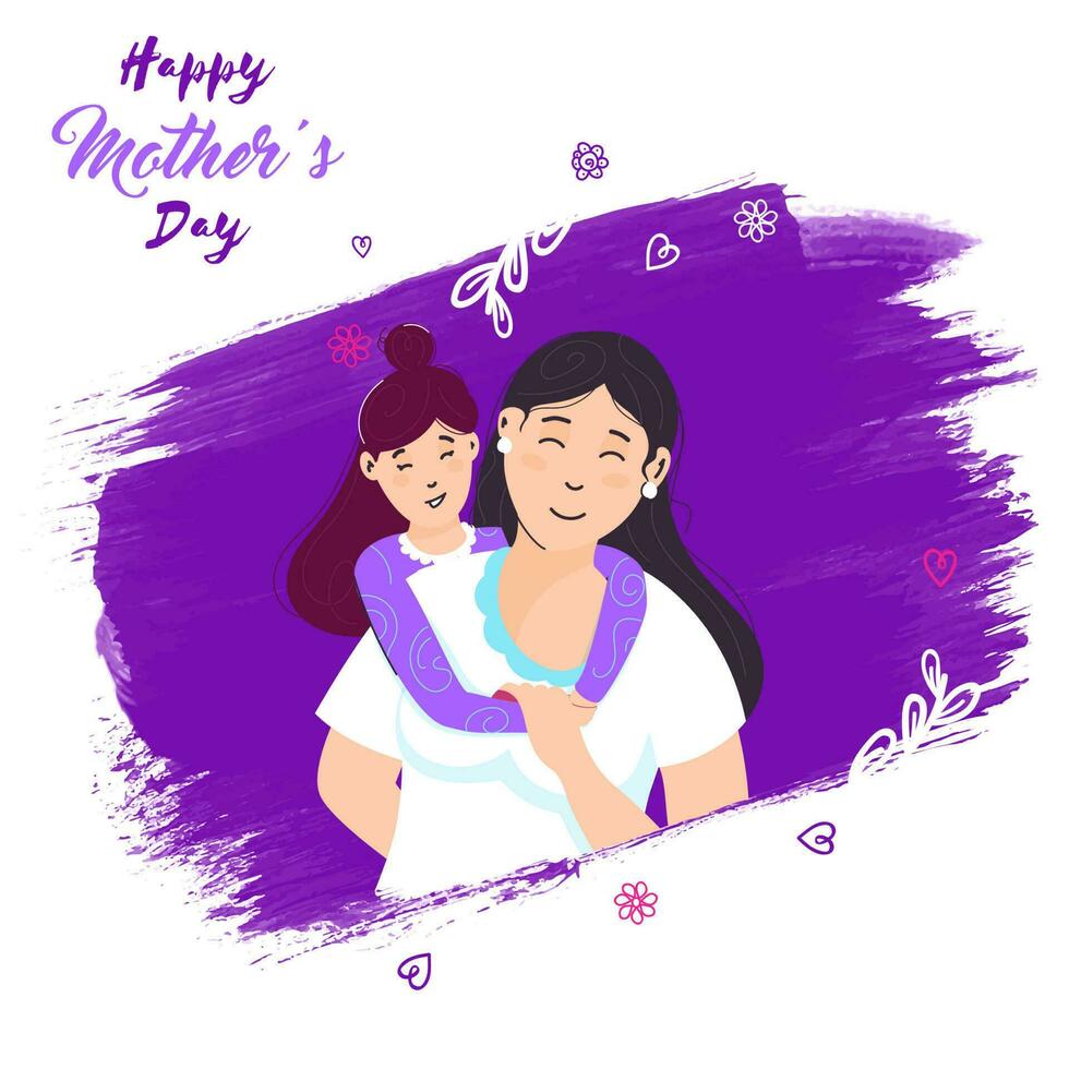 Happy Mother's Day Concept With Young Girl Hugging Her Mother From Behind And Purple Brush Stroke On White Background. vector