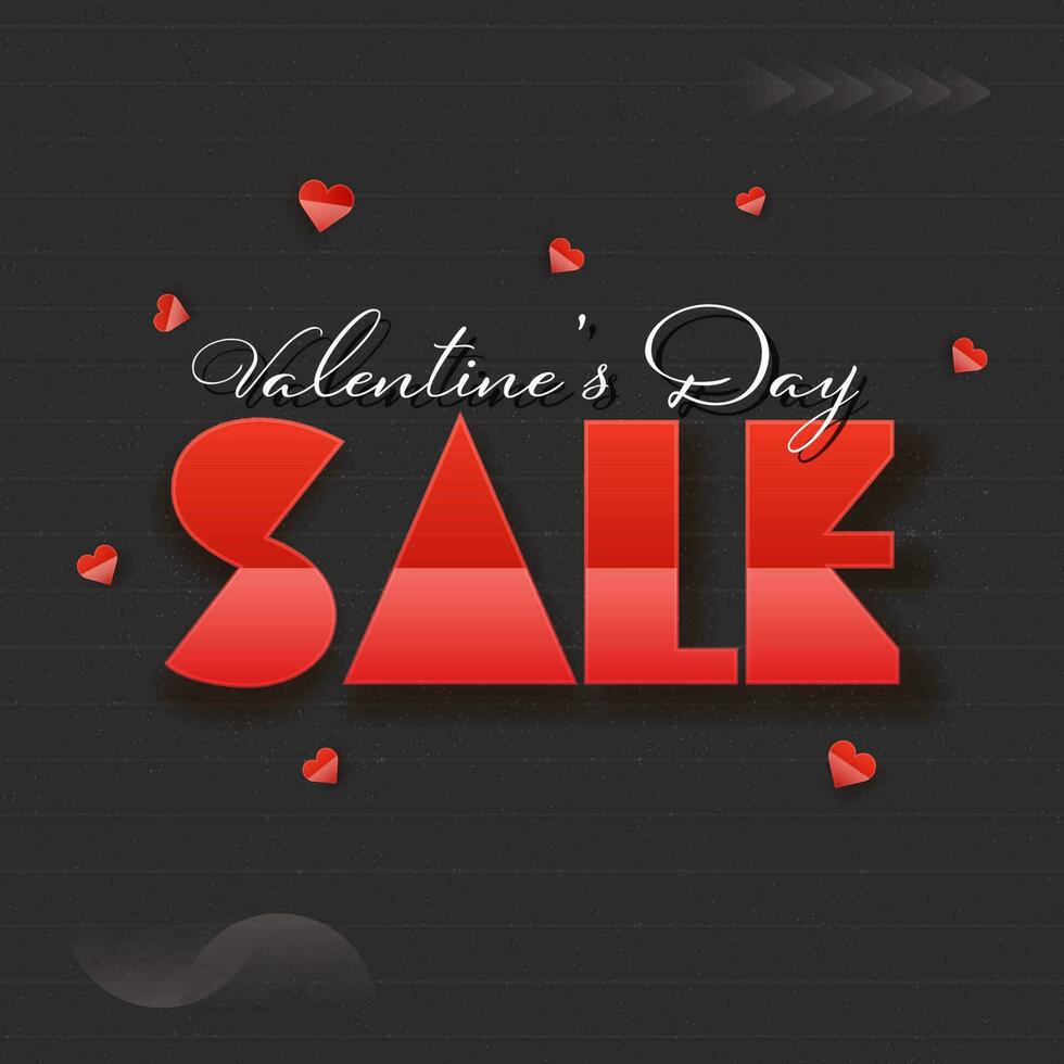 Valentine's Day Sale Poster Design With Red Hearts Decorated On Black Stripe Pattern Background. vector