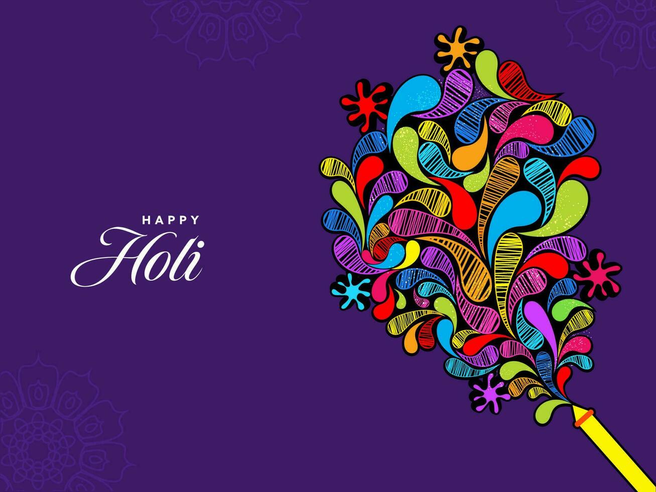 Colorful Arc Drops Coming Out From Color Gun Against Purple Background For Happy Holi Celebration Concept. vector