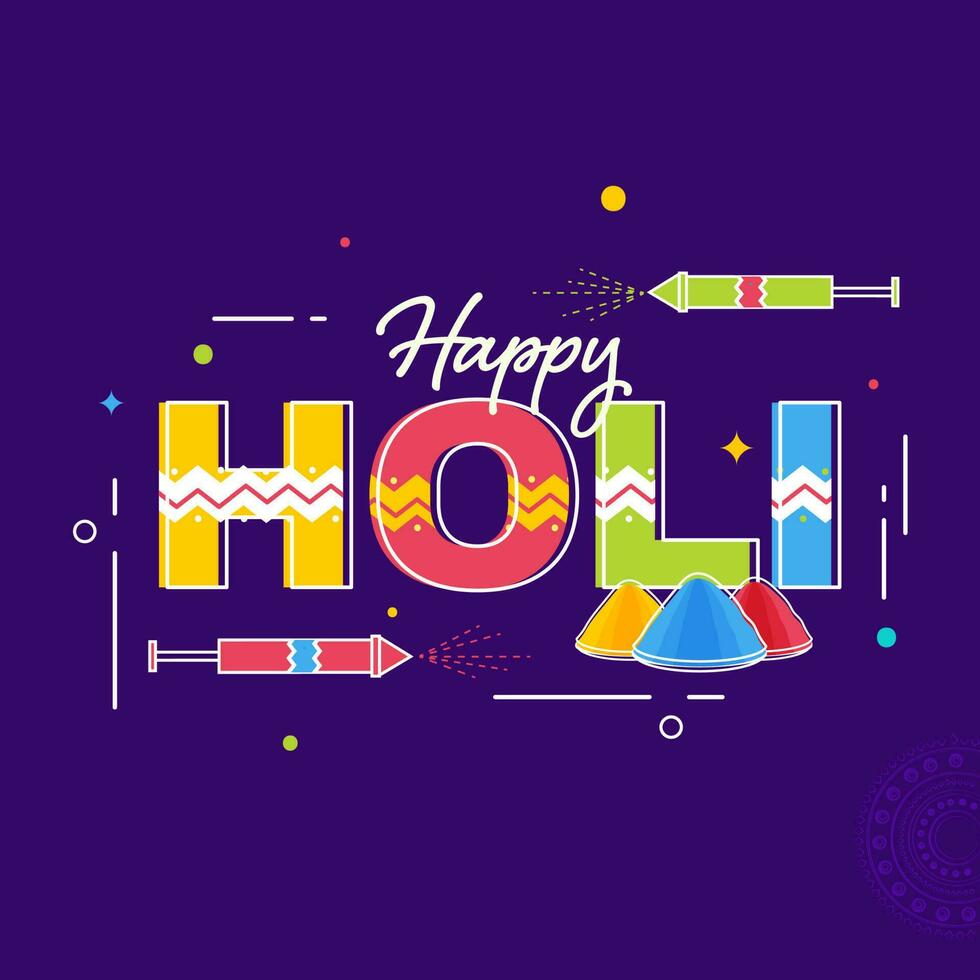 Colorful Happy Holi Font With Plates Full Of Powder Color And Water Guns On Purple Background. vector