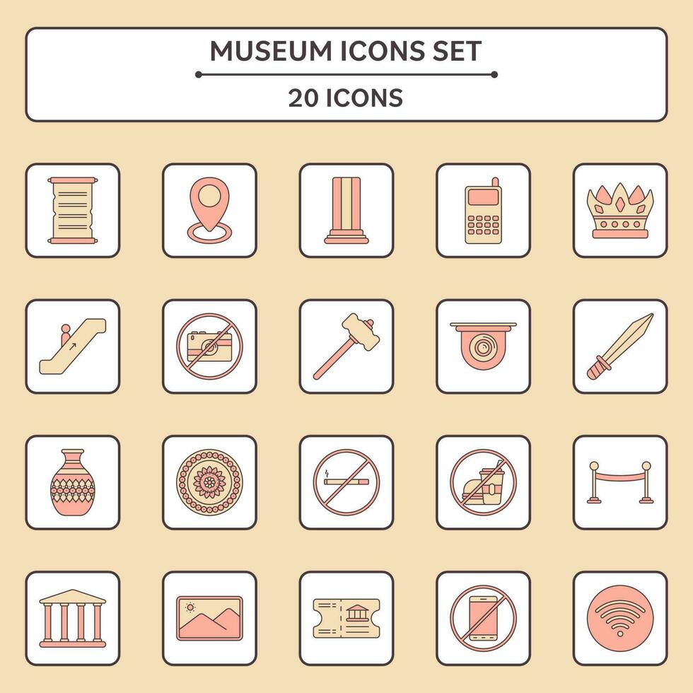 Peach Red And Yellow 20 Museum Square Icon Set. vector