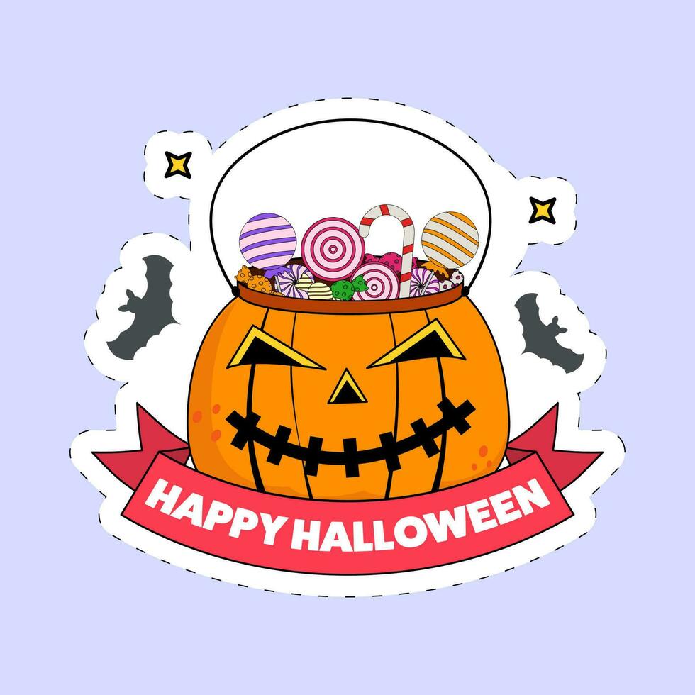 Sticker Style Happy Halloween Font With Scary Pumpkin Basket Full Of Candies And Flying Bats On Blue Background. vector