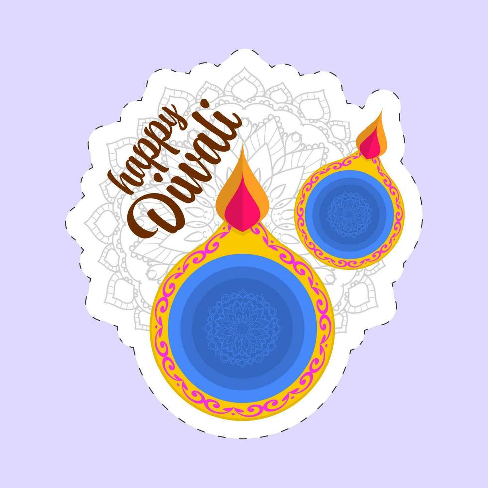 Happy Diwali Font With Top View Of Lit Oil Lamps Fireworks In Sticky On Pastel Violet Background. vector