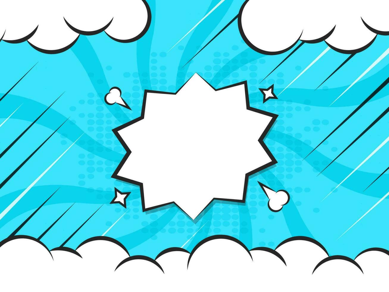 Blank Star Frame And Clouds On Cyan Rays Halftone Effect Background. vector