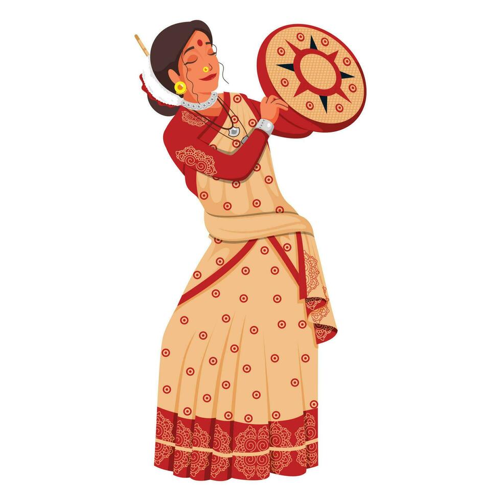 Beautiful Young Woman Holding Tambourine In Assam Traditional Attire. vector