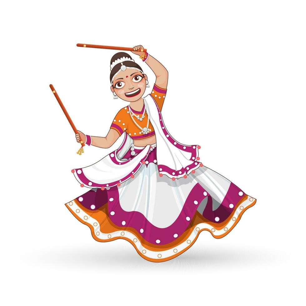 Beautiful Young Woman Playing Dandiya In Traditional Attire On White Background. vector