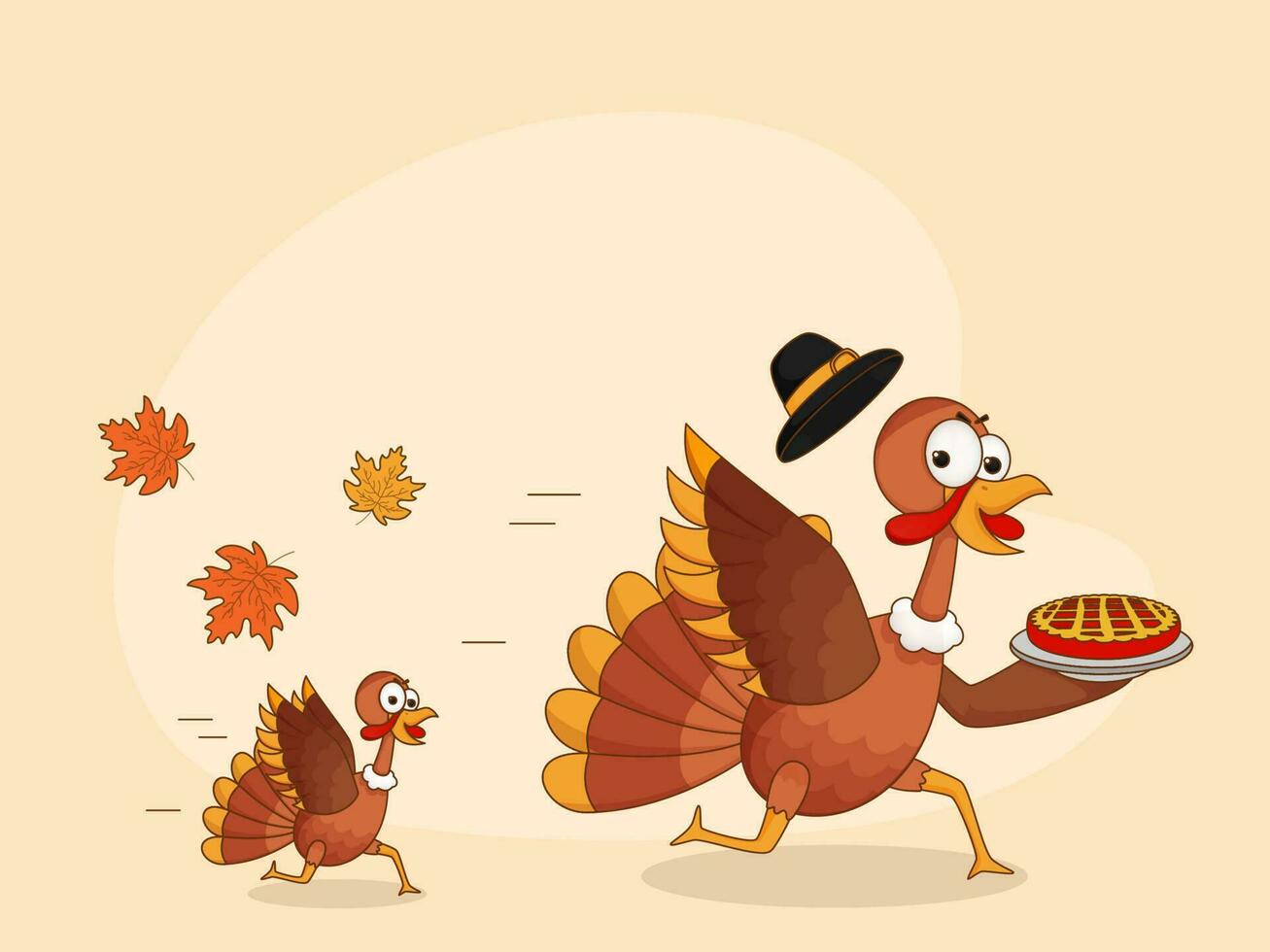 Thanks Giving Festival Concept, Two Turkey Bird Running with Pie Cake and Maple Leaves. vector