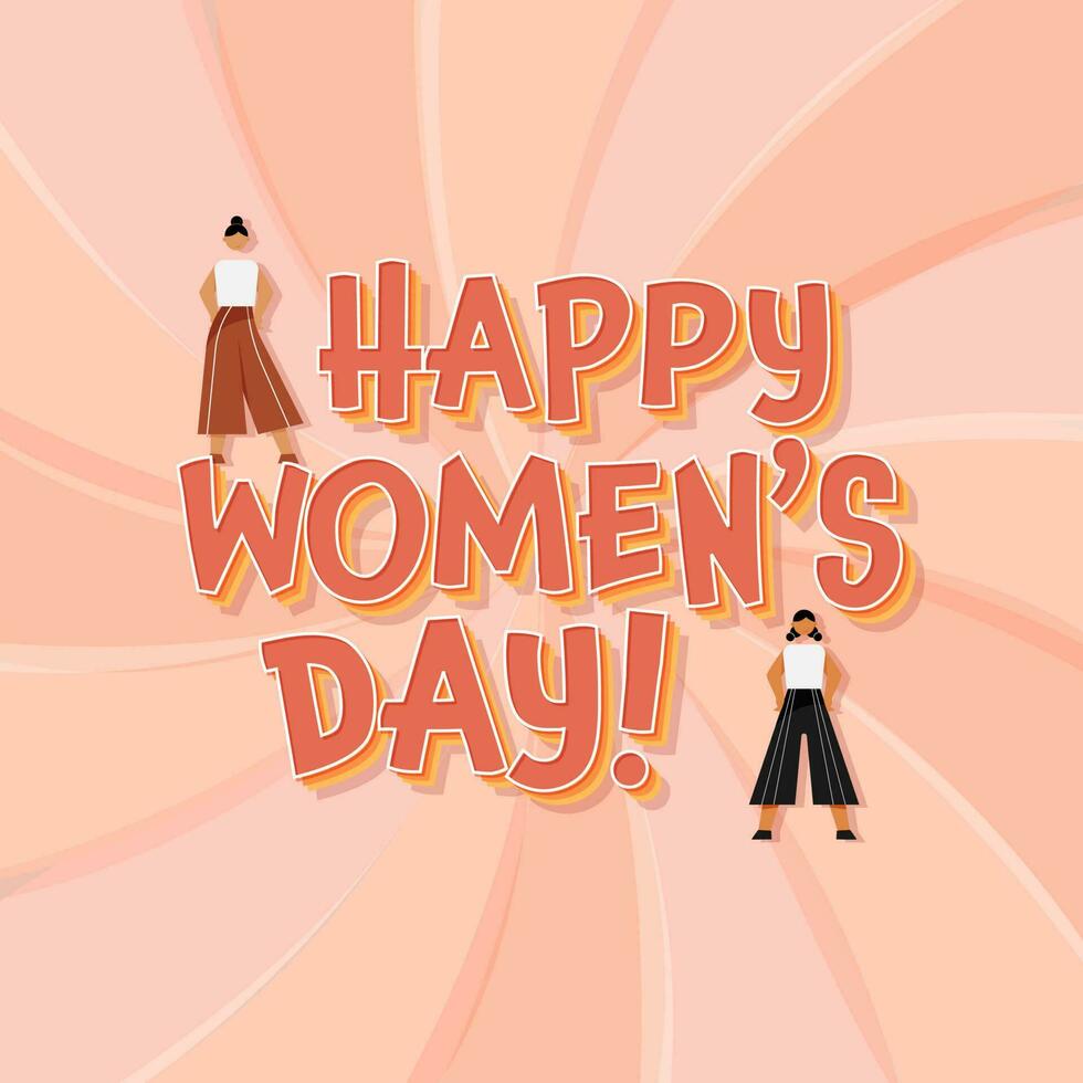 3D Layered Happy Women's Day Font With Young Girls Standing On Peach Swirl Rays Background. vector