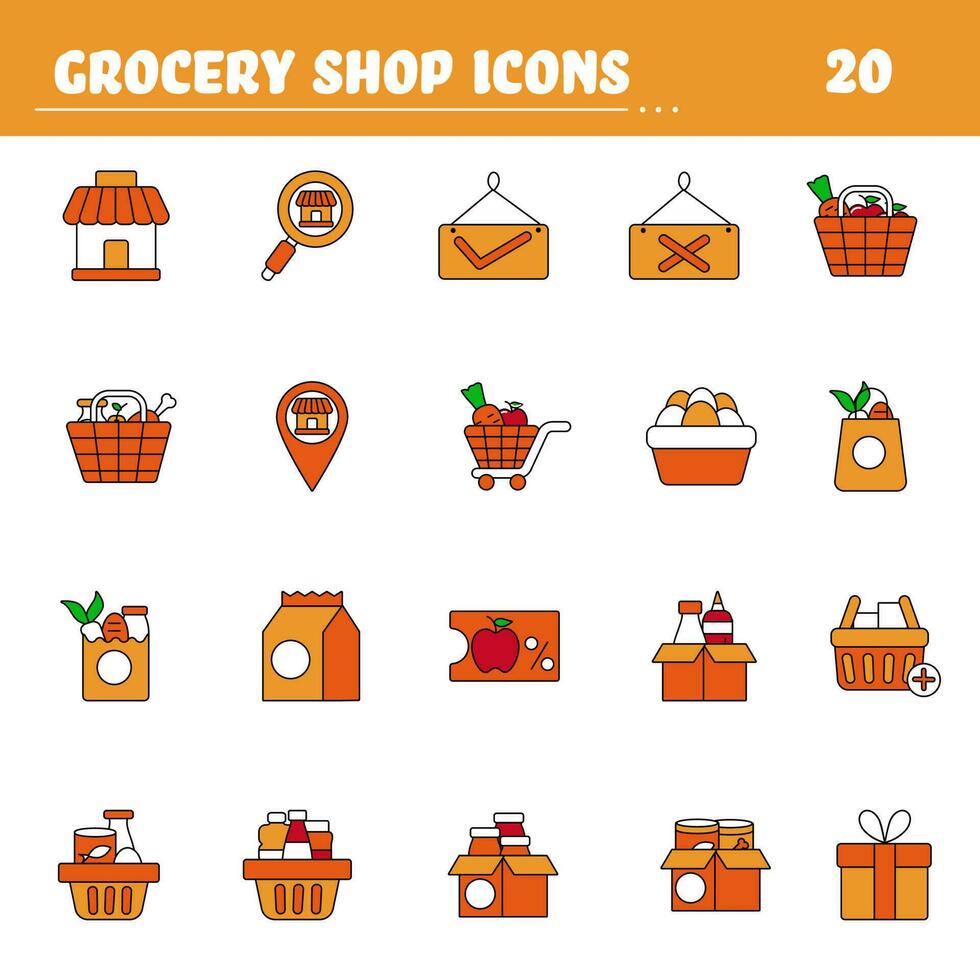 Orange And White Color Set Of Grocery Shop Icons In Flat Style. vector