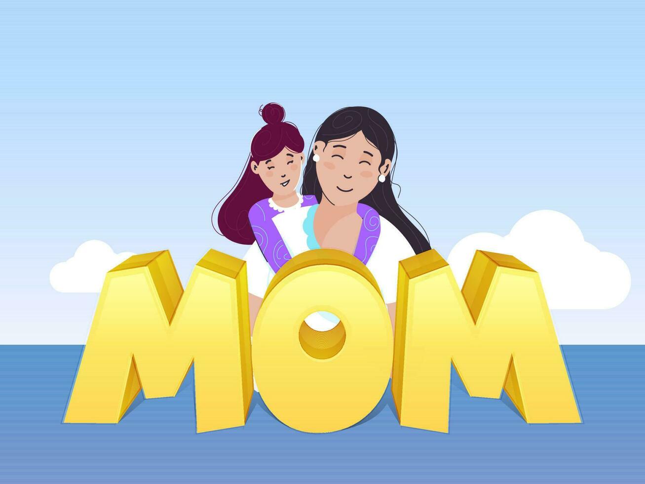 3D Golden Mom Font With Young Girl Hugging Her Mother From Behind On Blue Background. vector