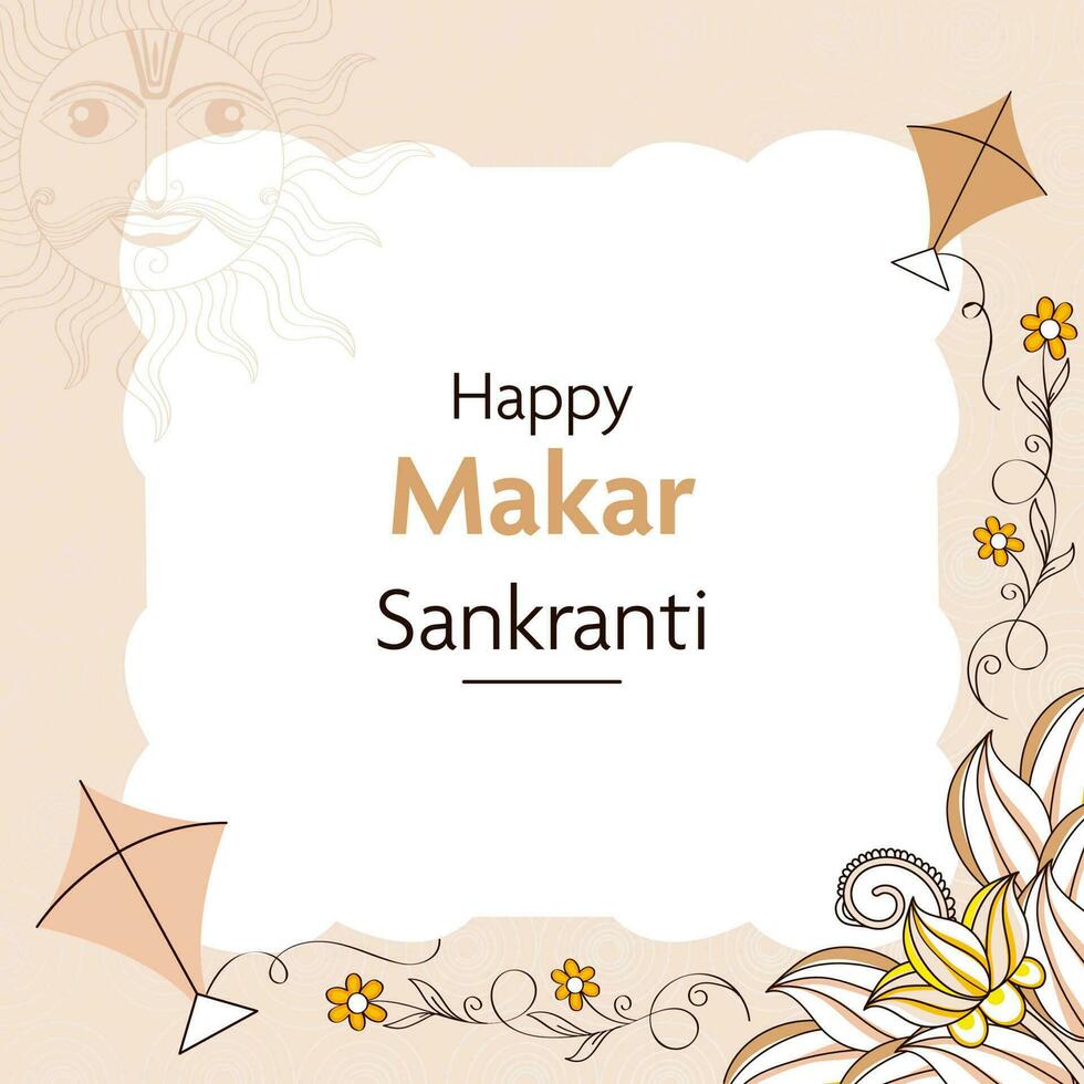 contento makar sankranti fuente con garabatear estilo surya rostro, cometas, floral decorado en blanco y beige antecedentes. vector