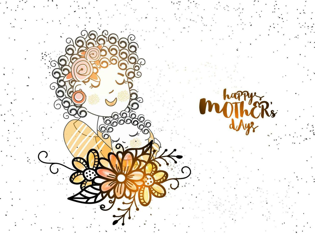 Happy Mother's Day Celebration Concept With Cute Mom Hugging Her Baby And Floral On White Grain Texture Background. vector