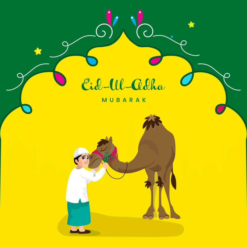 Eid-Ul-Adha Mubarak Greeting Card With Islamic Young Boy Feeding Grass To Camel On Yellow And Green Background. vector